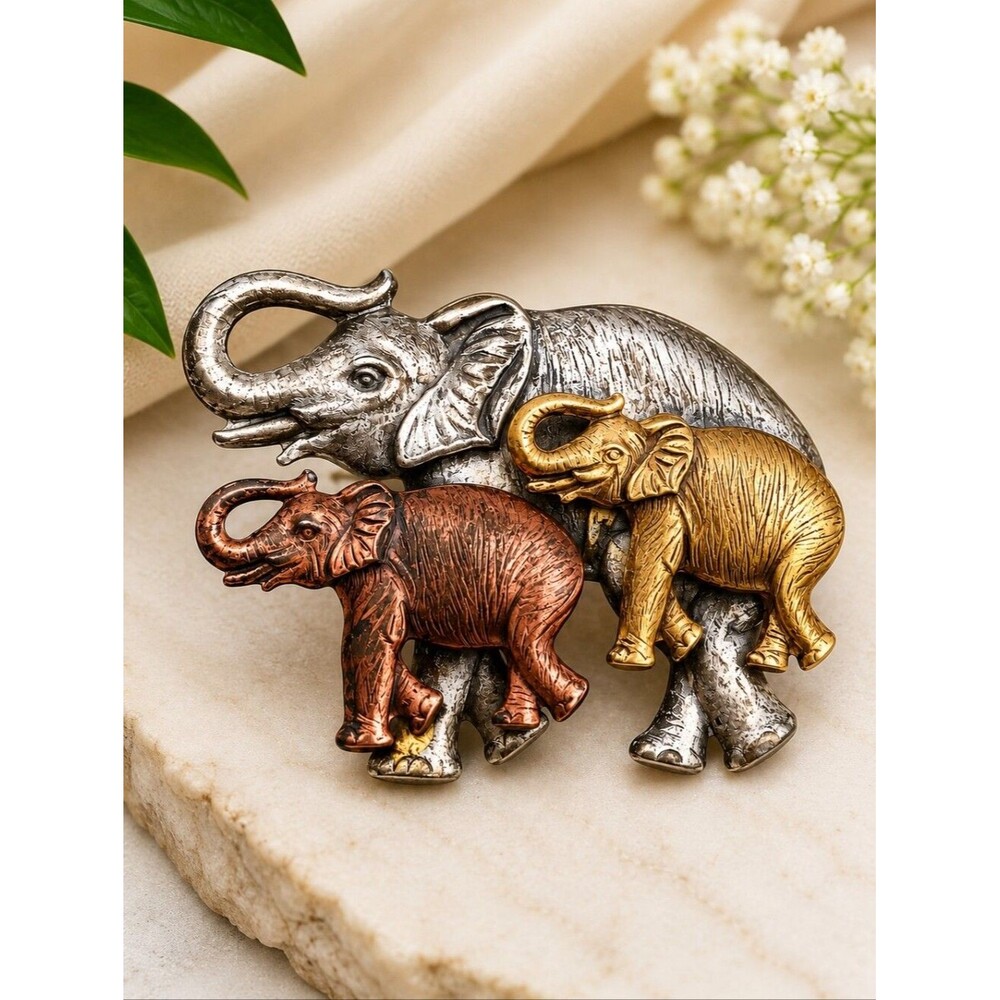 Vintage Three Elephants Family Brooch Tri-Tone Gold Silver Copper Safari Figural